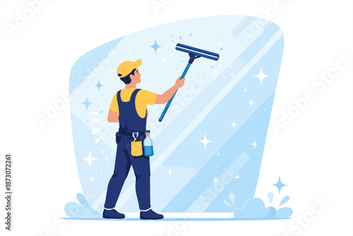 Young hispanic male cleaner washing window with sparkling clean finish