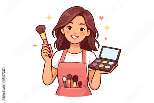 Young asian female makeup artist holding brush and palette with smiling expression