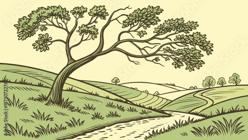 Serene Landscape with Tree and Winding Path Illustration.