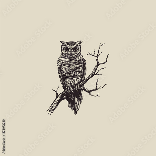 Vintage hand drawn engraving of a mystical owl wrapped in mummy bandages perched on a dead branch on a black background