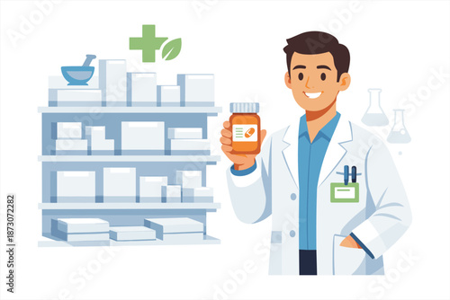 Male asian pharmacist presenting medication in pharmacy store