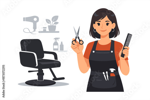 Female asian young hairdresser with tools in salon