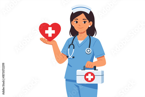 Young hispanic female nurse holding heart symbol and medical kit