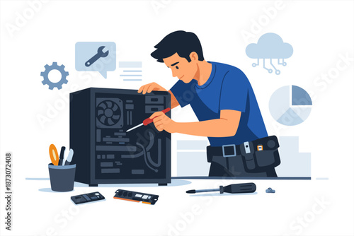 Young asian male fixing computer hardware with tools