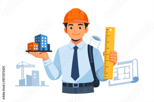 Male asian young architect holding buildings and ruler in construction theme