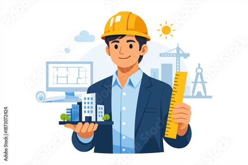 Young adult hispanic male architect holding model and ruler with construction background
