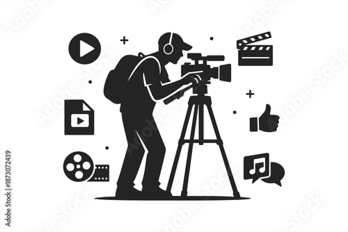 Silhouette of camera operator with media icons in black and white