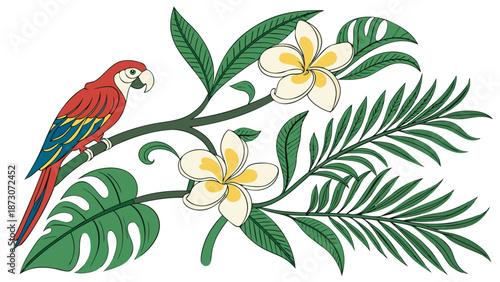 Tropical Paradise Parrot Flowers and Lush Foliage Illustration.