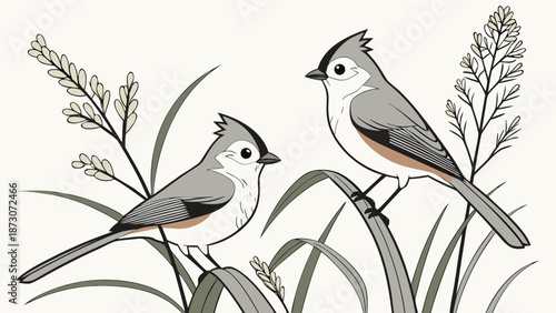 Tufted Titmouse Pair in Natural Habitat Illustration.