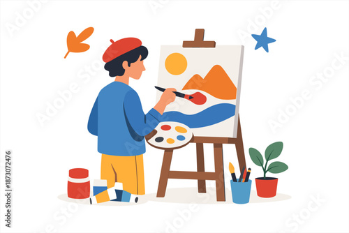 Young caucasian male artist painting landscape on easel with palette and brushes