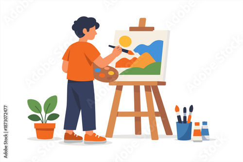 Young caucasian male artist painting landscape on canvas