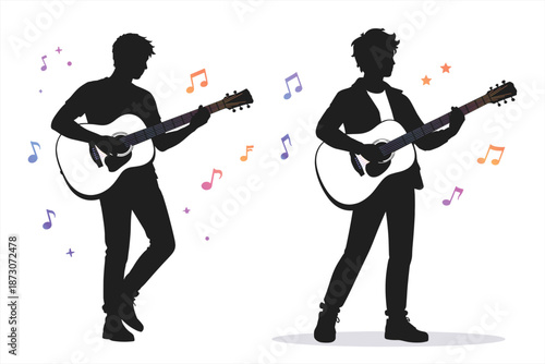 Silhouettes of male musicians playing acoustic guitar with colorful music notes