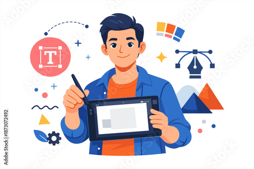 Young asian male designer with graphic tablet and creative icons