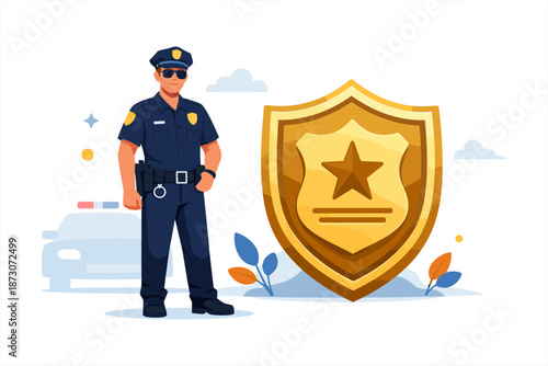 Caucasian male police officer with badge and patrol car illustration