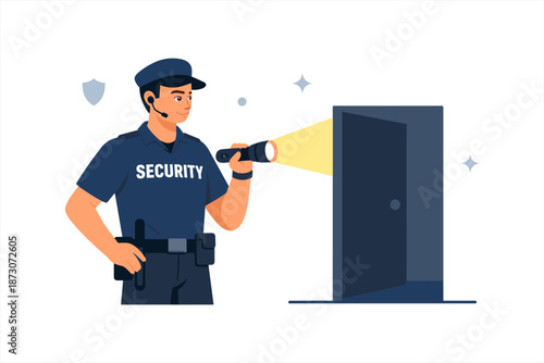 Male security guard exploring dark room with flashlight