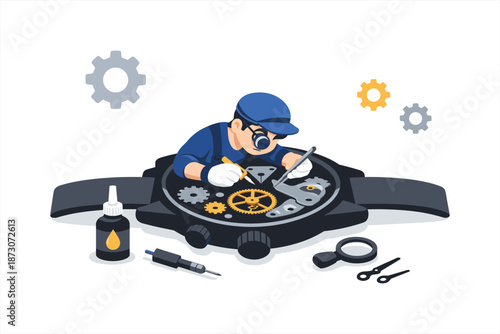 Watchmaker repairing watch with precision tools and gears