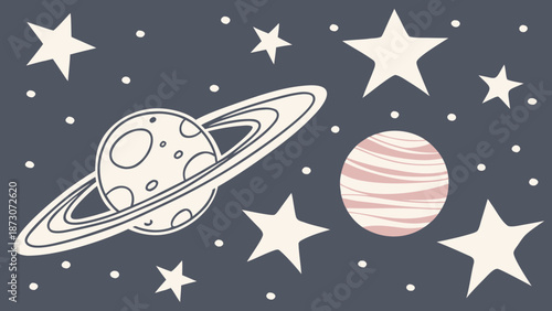 Whimsical Space Scene with Planets and Stars Illustration.