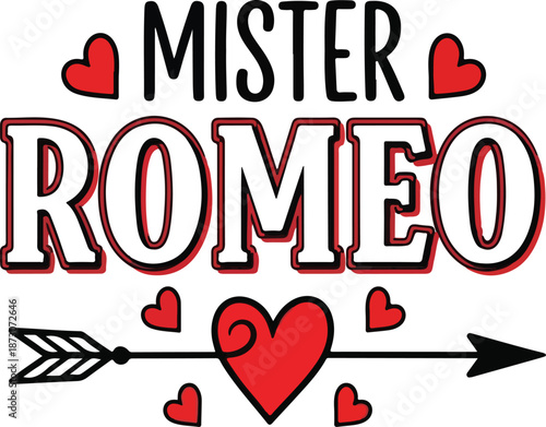 Mister Romeo Masculine Script Lettering with Love Heart and Arrow for Romantic Print and Design , Generative Ai