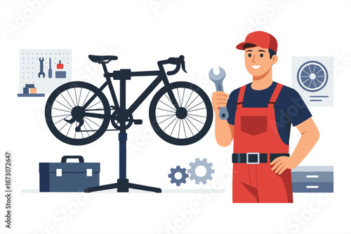 Young caucasian male mechanic repairing bicycle in workshop setting