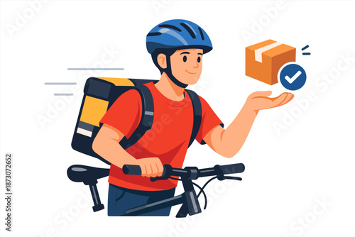 Caucasian male young adult courier on bicycle delivering package with helmet and backpack