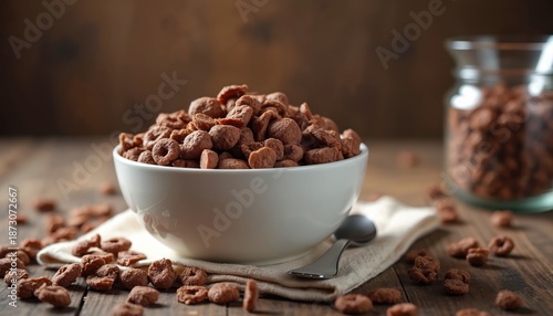 Chocolate cereal in white bowl. Breakfast concept with sweet crunchy flakes on wooden surface. Healthy snack for morning meal. Food photo with delicious ring and ball shaped cereal. © Vadym
