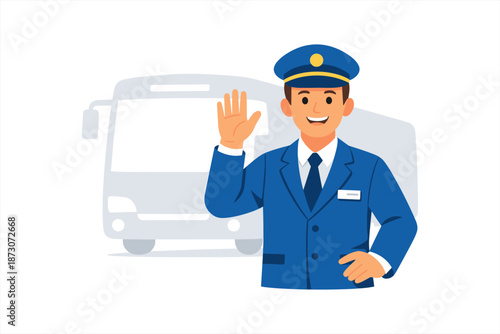 Smiling young asian male bus driver in uniform waving with bus in background