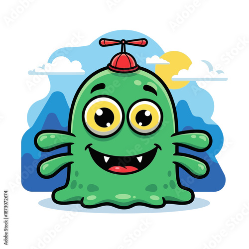 A cute green alien monster cartoon character and happy frog amphibian vector illustration featuring a funny smiling animal isolated on white