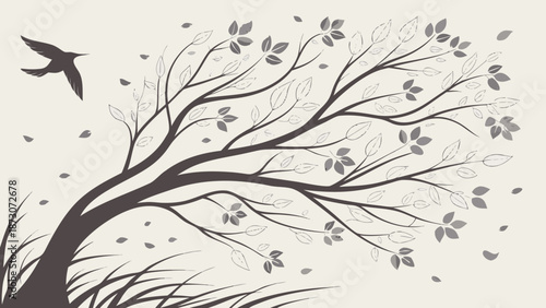 Windy Day Illustration Tree Bird and Scattered Leaves.