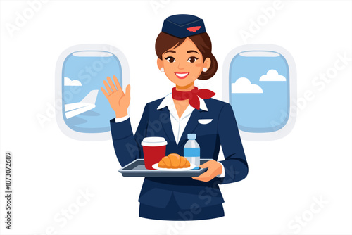 Female flight attendant serving snacks on airplane