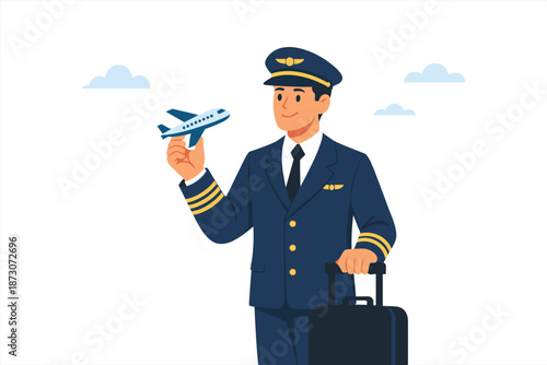 Smiling male pilot in uniform holding toy plane with suitcase and clouds in background