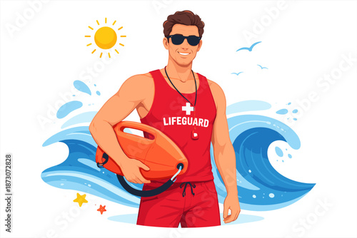 Smiling male lifeguard holding rescue buoy at sunny beach