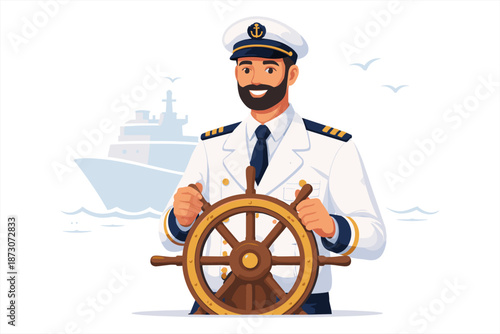 Smiling caucasian male captain steering ship wheel in nautical uniform with cruise ship background
