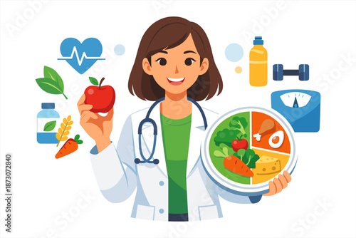 Young caucasian female doctor promoting healthy lifestyle with nutrition and exercise