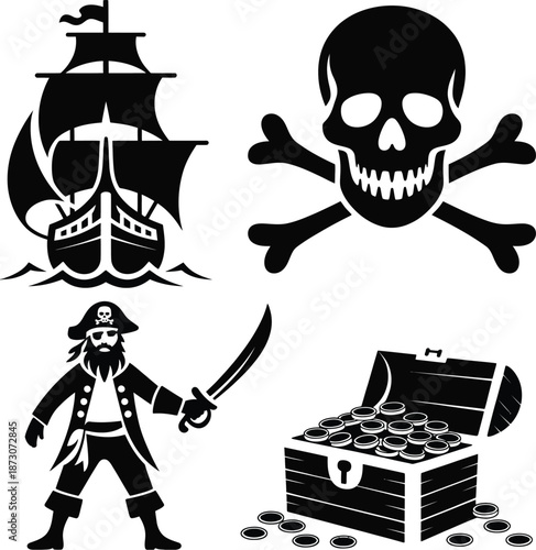 Black and white of pirate symbols including a ship skull and crossbones a pirate and a treasure chest