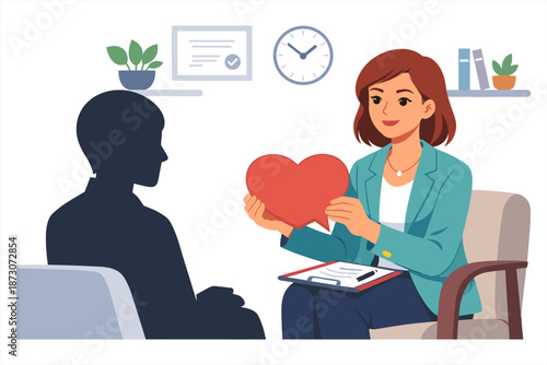 Female therapist holding heart symbol during counseling session with male client