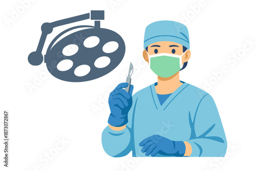 Asian male surgeon in operating room with surgical tools and overhead light