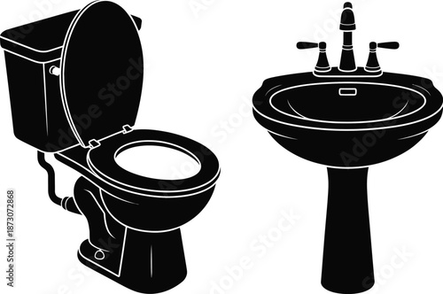 Black and white of toilet and pedestal sink bathroom plumbing
