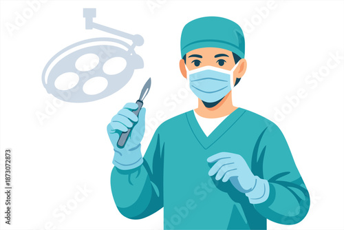 Asian male surgeon in scrubs holding scalpel in operating room