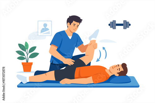 Male physical therapist assisting male patient with leg exercises in clinic setting
