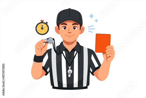Cartoon male referee holding red card and whistle with stopwatch