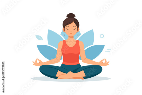 Tranquil young female practicing yoga meditation in lotus pose with floral background