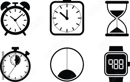 Black and white of various time keeping devices clock alarm