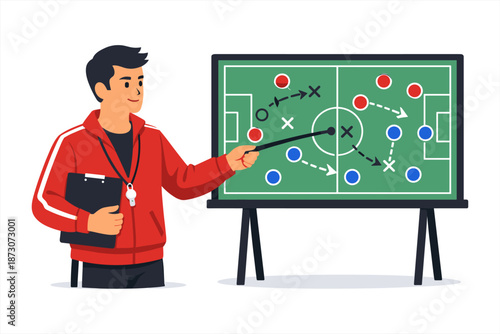 Young caucasian male coach explaining soccer strategy on chalkboard