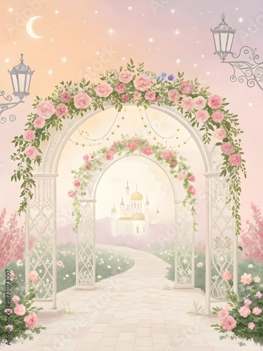 Magical garden pathway to a golden palace at dusk with floral arch