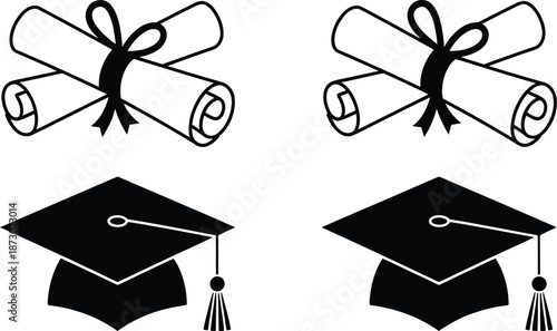 Black graduation caps and diploma diplomas education
