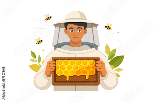 Young hispanic male beekeeper holding honeycomb frame with bees and leaves illustration