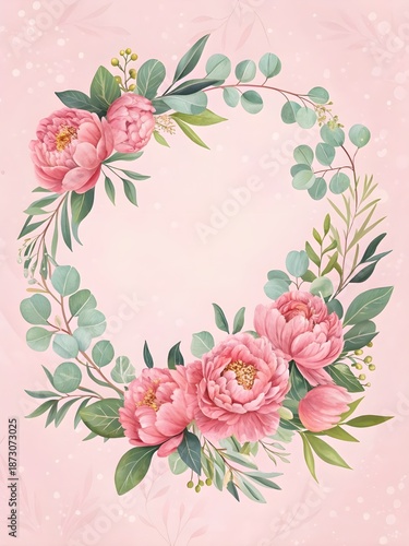 Beautiful floral wreath with pink peonies and green leaves on soft pink background
