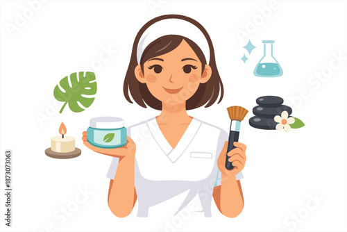 Asian female spa therapist offering skincare products and tools with relaxing elements