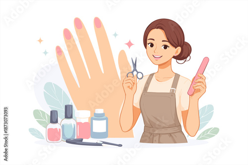 Female asian young adult nail technician holding scissors and file with polishes