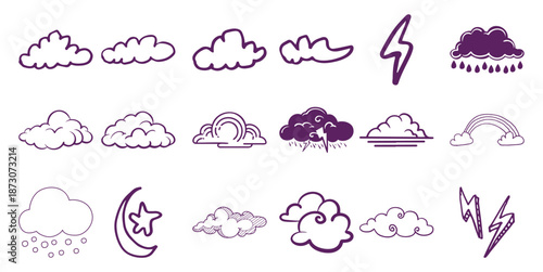 Collection of purple hand drawn weather including clouds rain lightning and rainbow moon